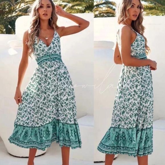 Boho Gypsy Floral Print Maxi Dress Turquoise Blue - Picture 4 of 7